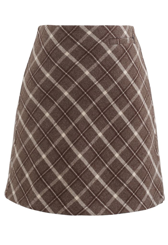 Stylish Plaid Wool Blend Mini Skirt in Brown