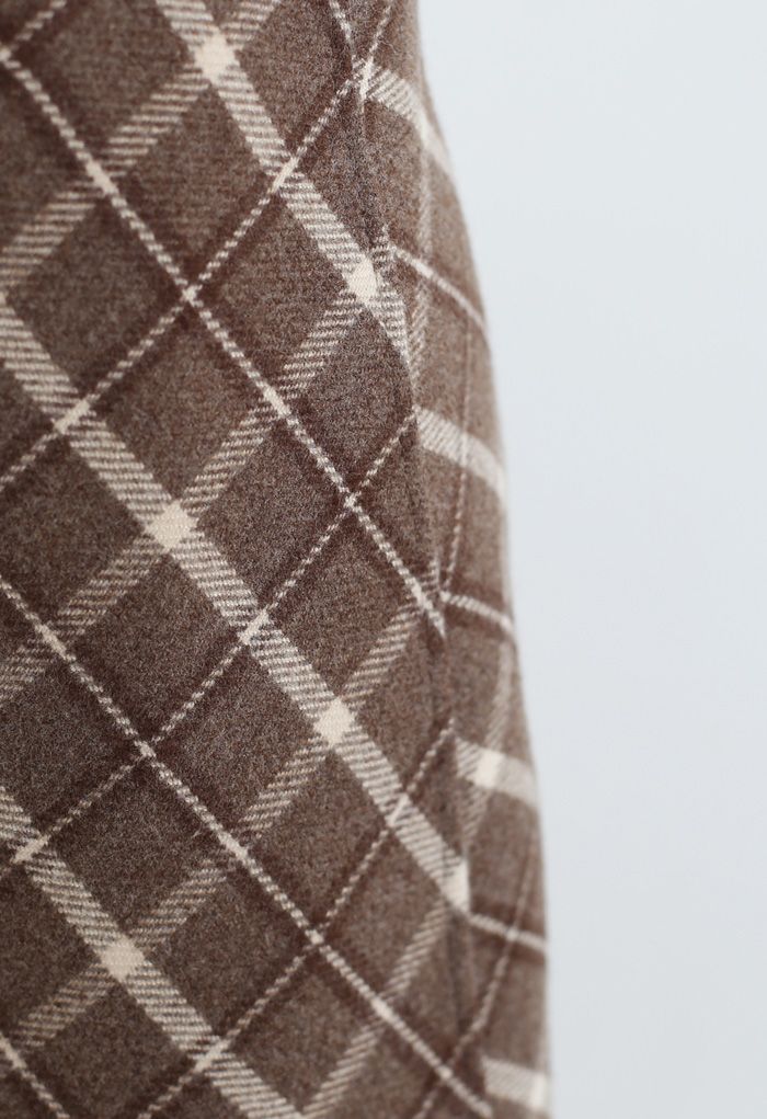 Stylish Plaid Wool-Blend Mini Skirt in Brown