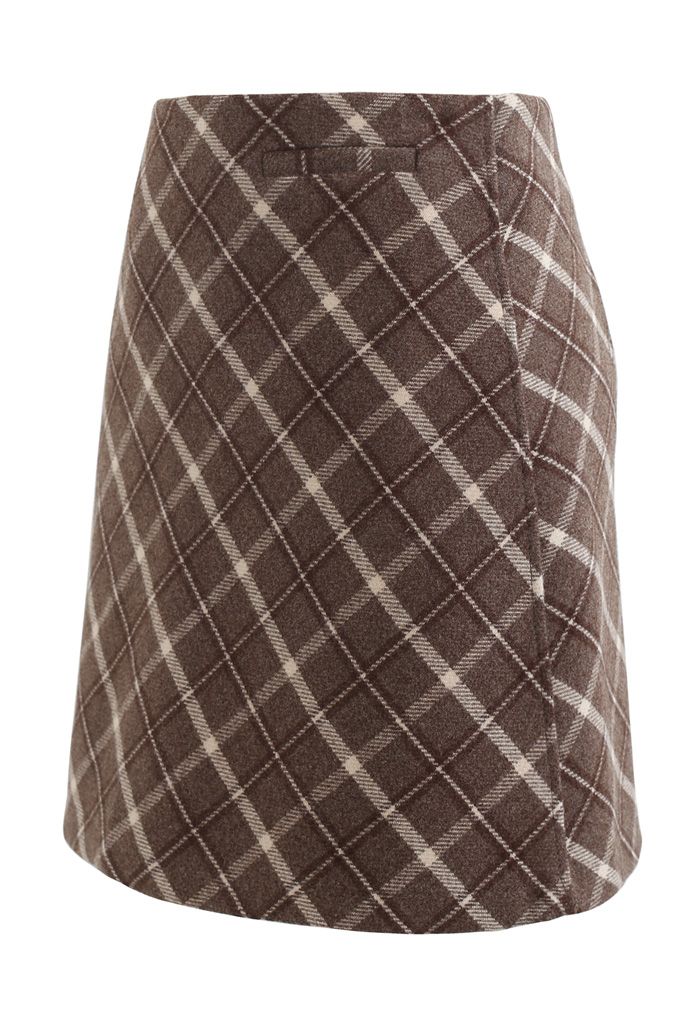 Stylish Plaid Wool-Blend Mini Skirt in Brown