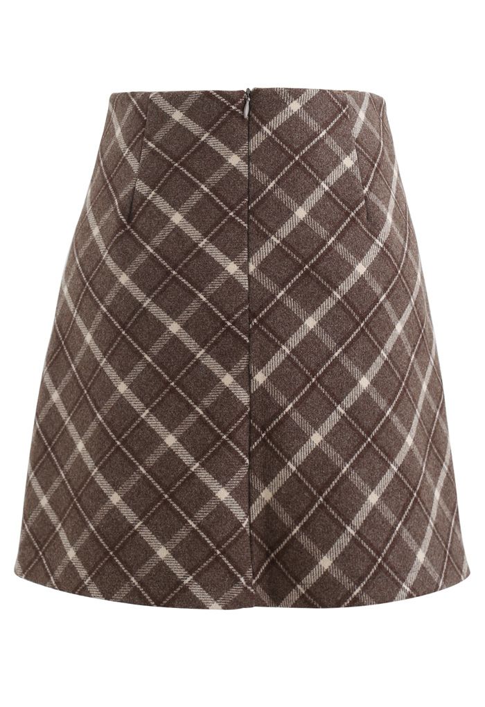 Stylish Plaid Wool-Blend Mini Skirt in Brown