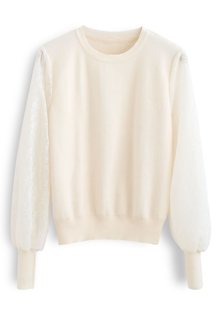 Flower Mesh Sleeves Spliced Knit Sweater in Ivory