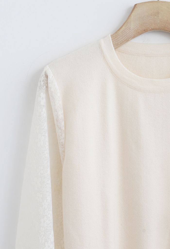 Flower Mesh Sleeves Spliced Knit Sweater in Ivory