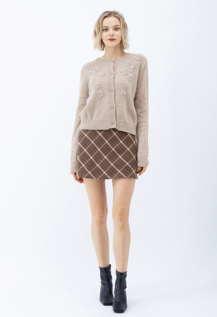 Stylish Plaid Wool-Blend Mini Skirt in Brown