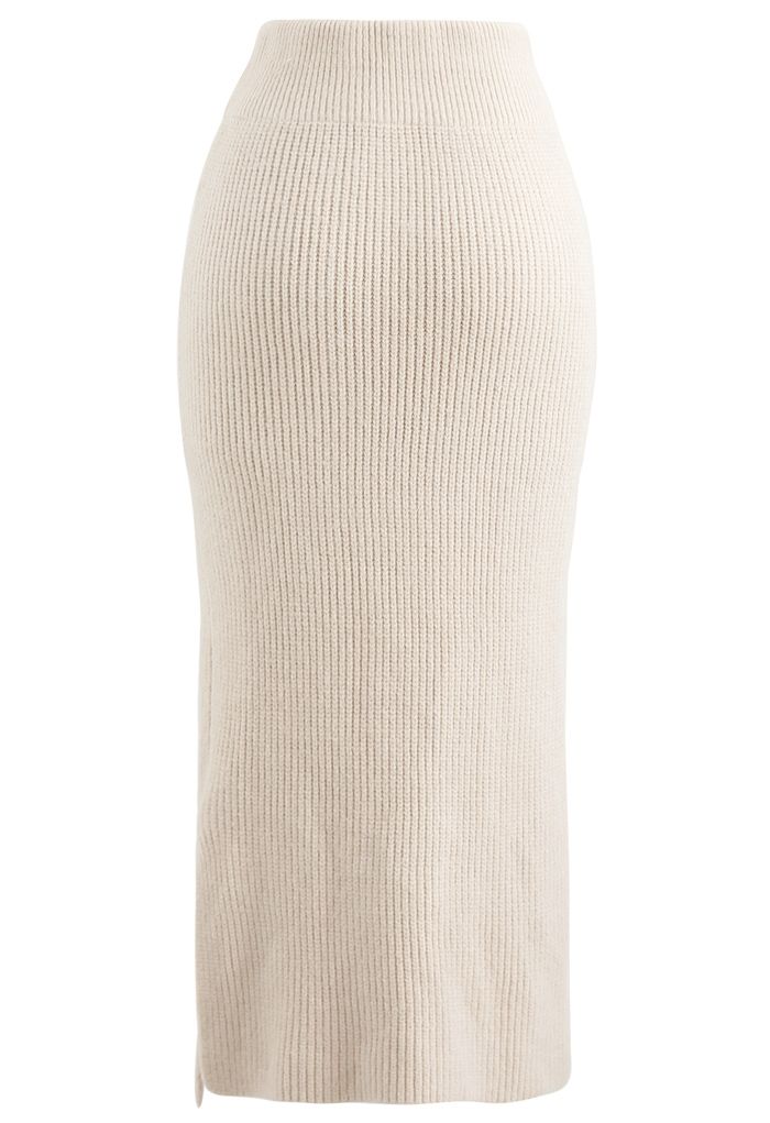 Slit Hem Chunky Knit Pencil Midi Skirt in Cream - Retro, Indie and ...