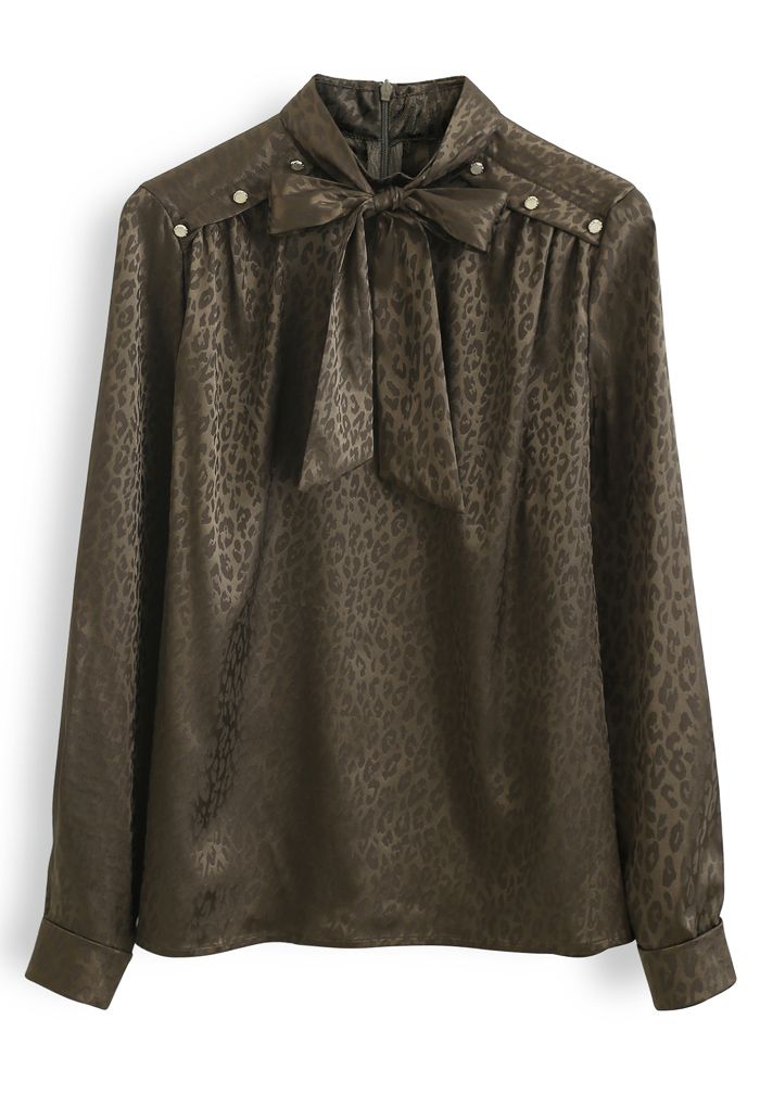 Leopard Print Buttoned Bowknot Top in Brown