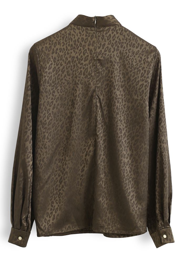 Leopard Print Buttoned Bowknot Top in Brown