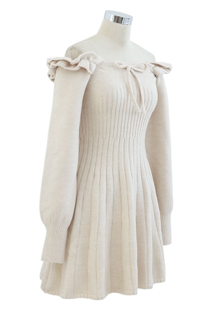 Ruffle Square Neck Knit Midi Dress in Cream