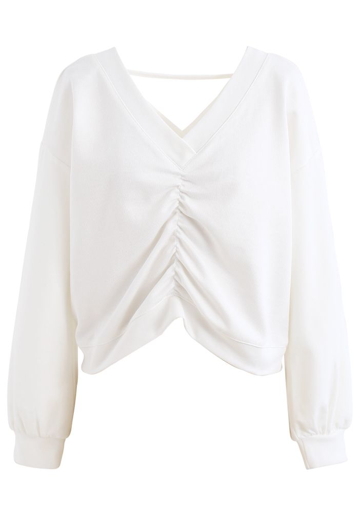 Drawstring V-Neck Long Sleeves Top in White - Retro, Indie and Unique ...