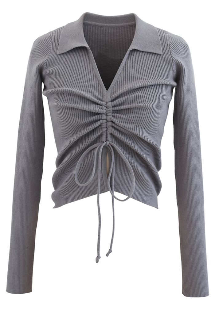 Drawstring Collared Fitted Knit Top in Grey