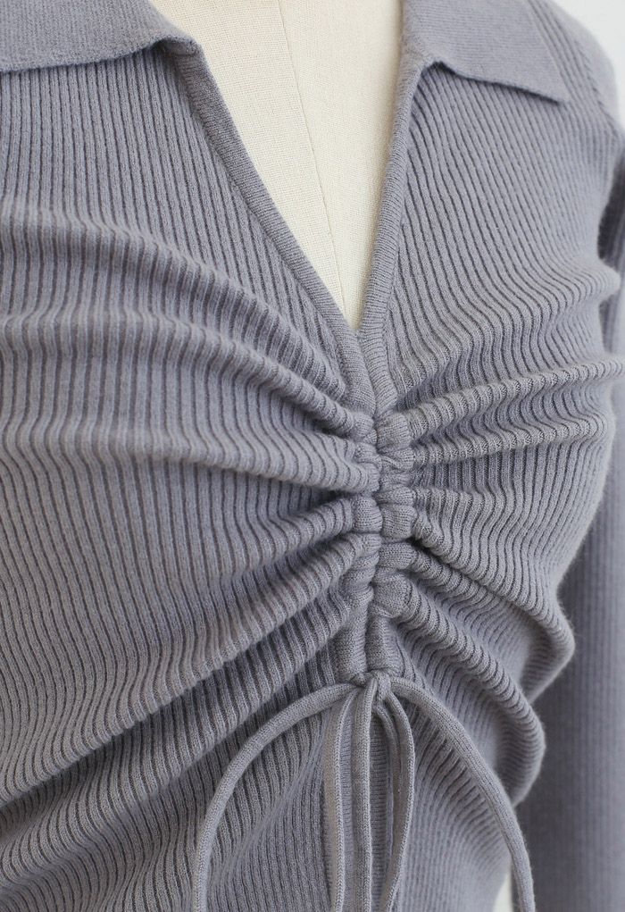 Drawstring Collared Fitted Knit Top in Grey