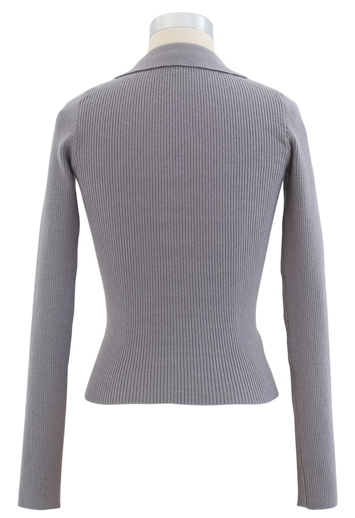 Drawstring Collared Fitted Knit Top in Grey