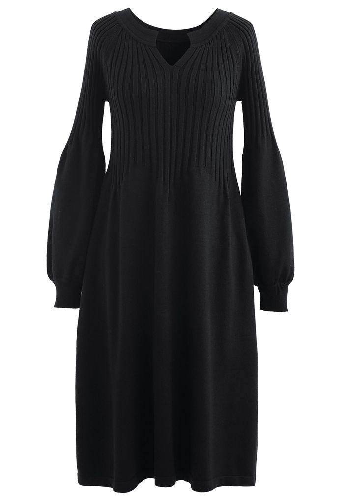 V-Neck Flared Rib Knit Midi Dress in Black