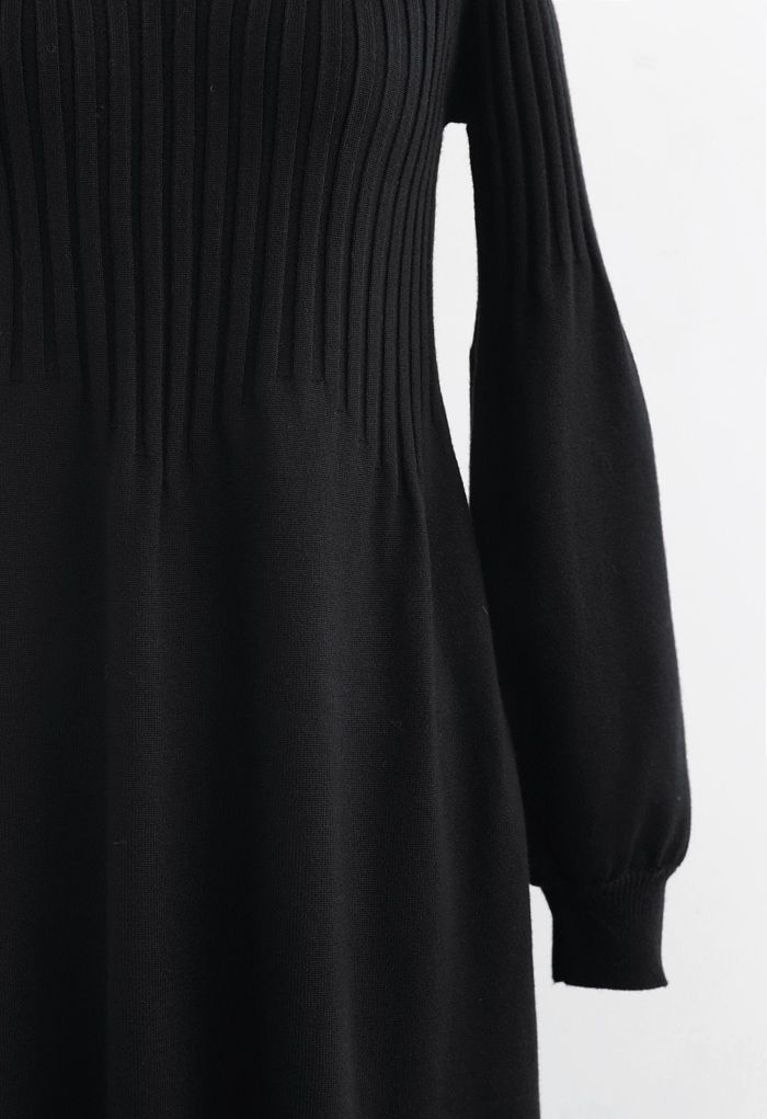 V-Neck Flared Rib Knit Midi Dress in Black