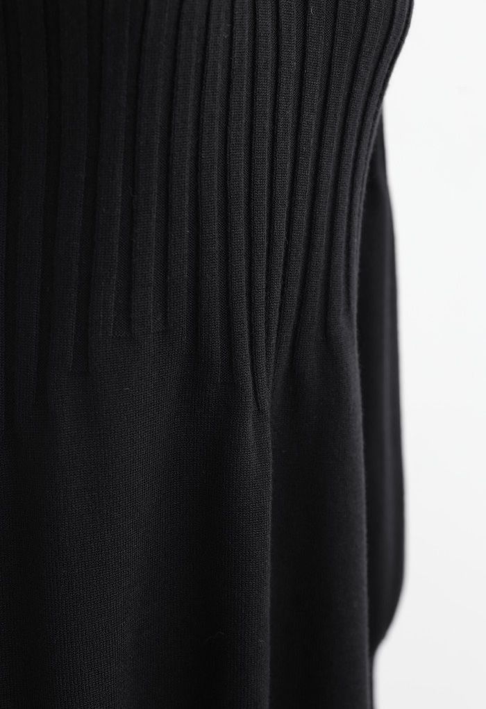 V-Neck Flared Rib Knit Midi Dress in Black