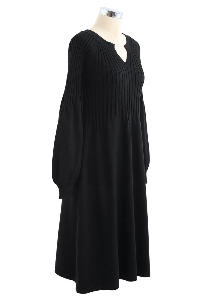 V-Neck Flared Rib Knit Midi Dress in Black