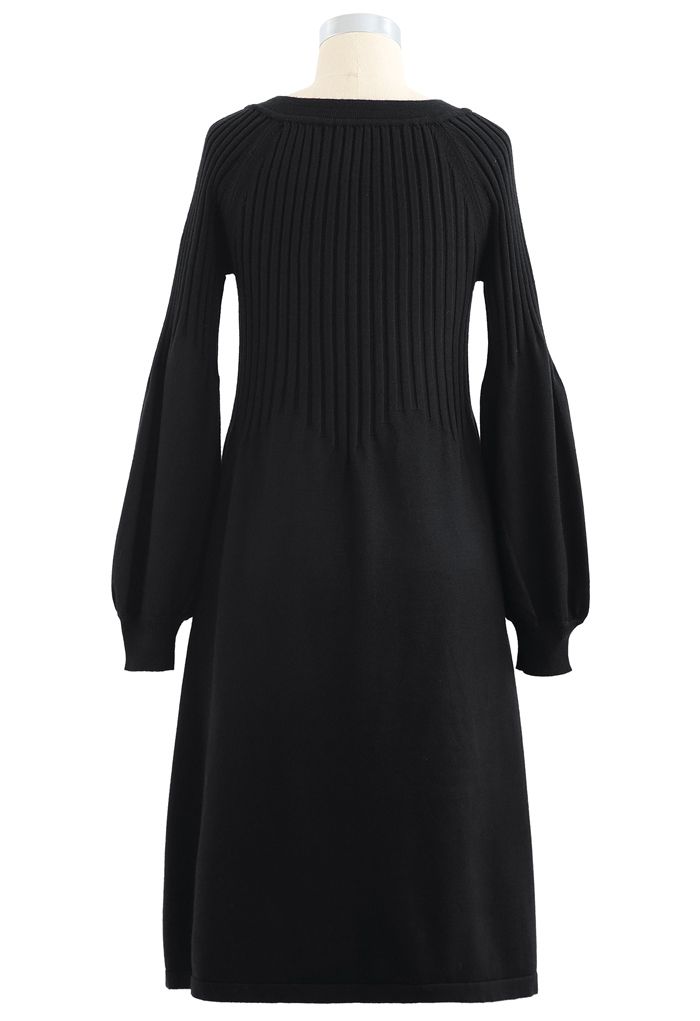 V-Neck Flared Rib Knit Midi Dress in Black