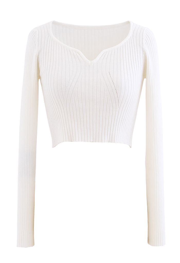 Cotton Ribbed Square Neck Full Sleeves V Shaped Crop Top