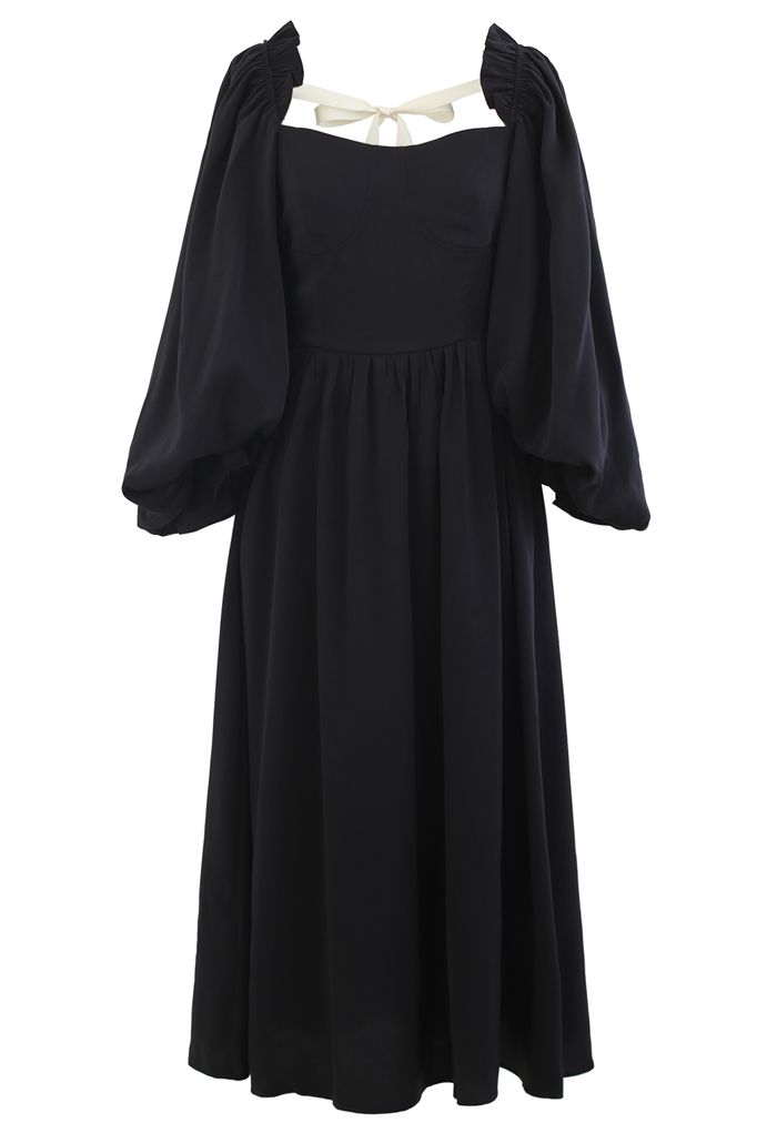 Dramatic Puff Sleeve Shirred Dress in Black - Retro, Indie and Unique ...