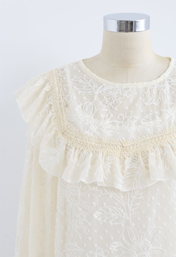 Ruffle Embroidered Floral Chiffon Top in Cream - Retro, Indie and ...
