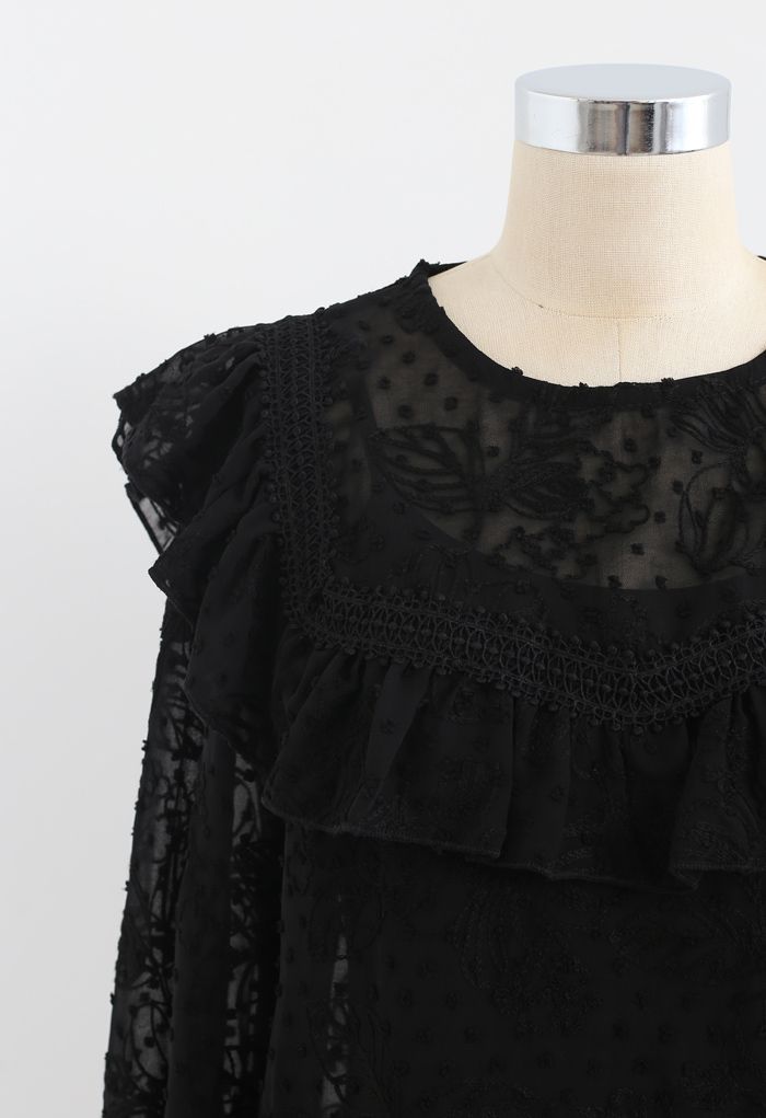 Ruffle Embroidered Floral Chiffon Top in Black - Retro, Indie and ...