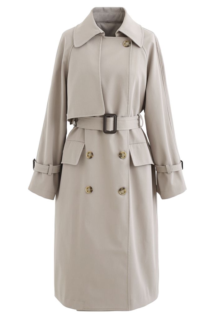 Flap Pockets Double-Breasted Belted Trench Coat in Sand - Retro, Indie ...