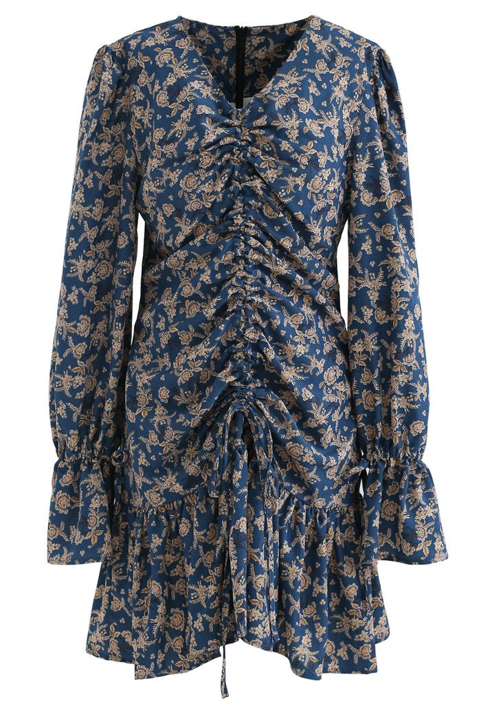 Floral Drawstring Ruched Front Dress in Indigo - Retro, Indie and ...