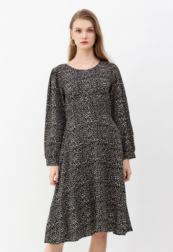 Dots Print Scoop Neck Sleeves Midi Dress in Black - Retro, Indie and ...