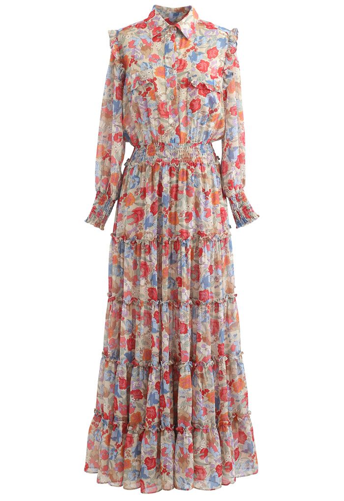 Wild Bloom Buttoned Semi-Sheer Maxi Dress - Retro, Indie and