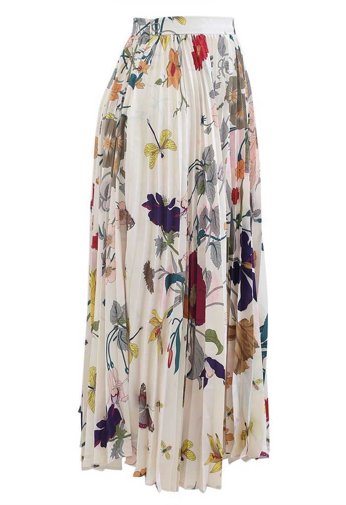Tropical Floral Print Pleated Midi Skirt - Retro, Indie and Unique Fashion