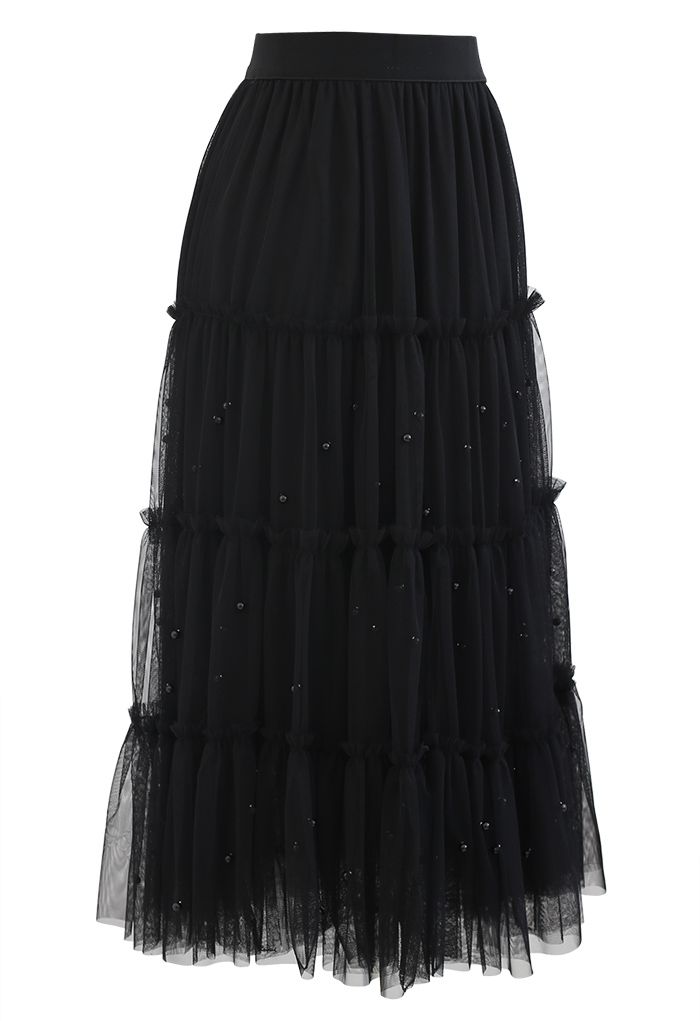 Beads Trim Double-Layered Tulle Mesh Skirt in Black - Retro, Indie and ...