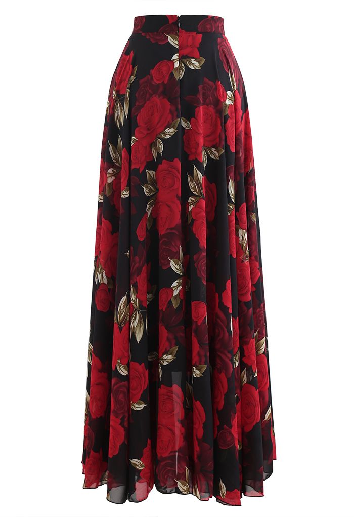 Timeless Favorite Chiffon Maxi Skirt in Red Rose - Retro, Indie and ...