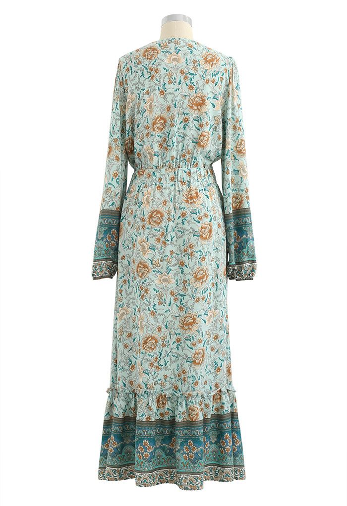 Buttoned Boho Floral Drawstring Waist Maxi Dress - Retro, Indie and ...