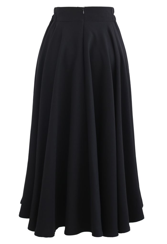 Solid Color Elastic Waist Flare Midi Skirt in Black - Retro, Indie and ...