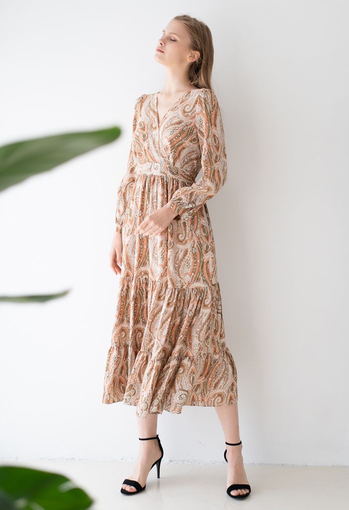 Paisley Floral Boho Wrap Frilling Dress in Coral - Retro, Indie and ...