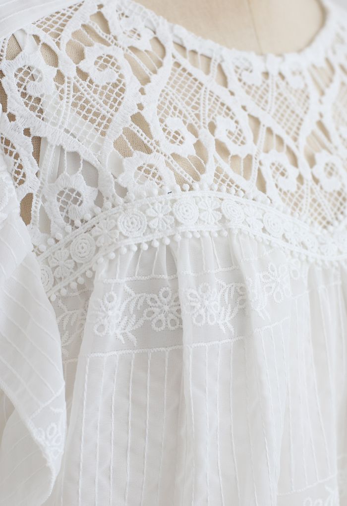Crochet Inserted Embroidered Ruffle Sheer Top in White - Retro, Indie ...
