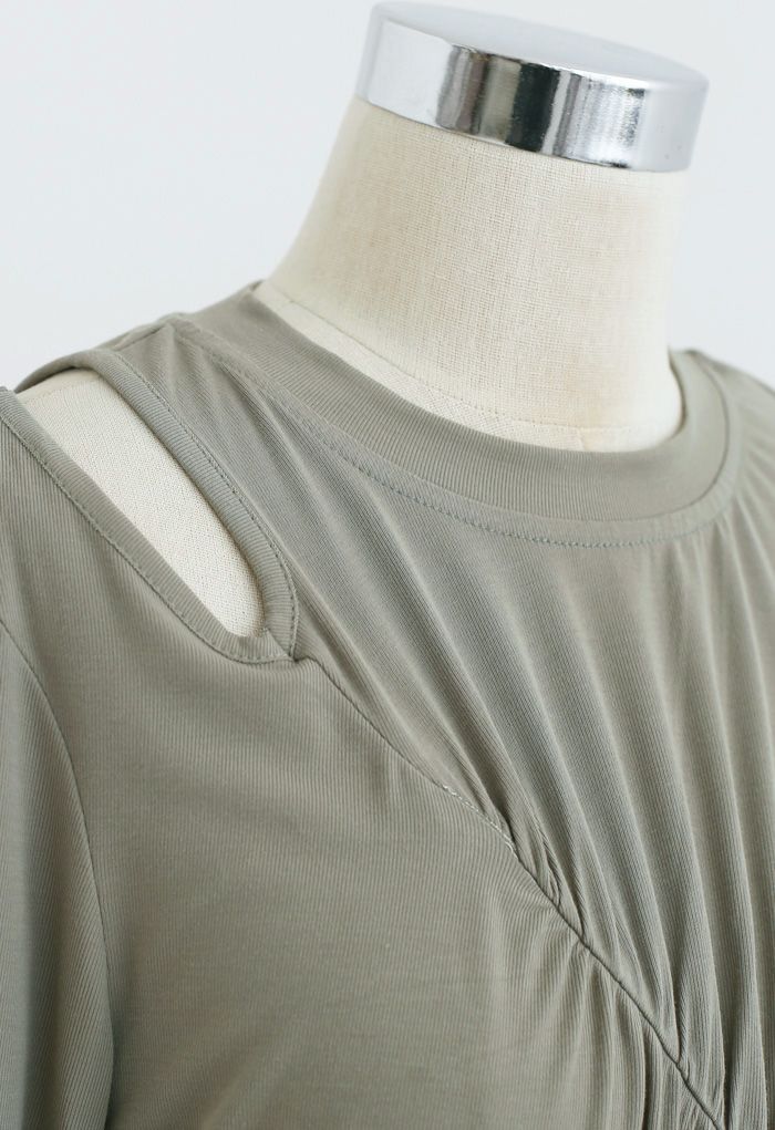 One-Shoulder Cutout Ruched Top in Olive - Retro, Indie and Unique Fashion