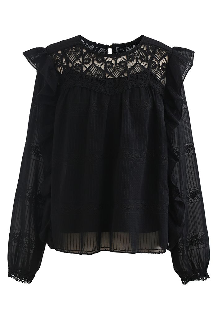 Crochet Inserted Embroidered Ruffle Sheer Top in Black - Retro, Indie ...