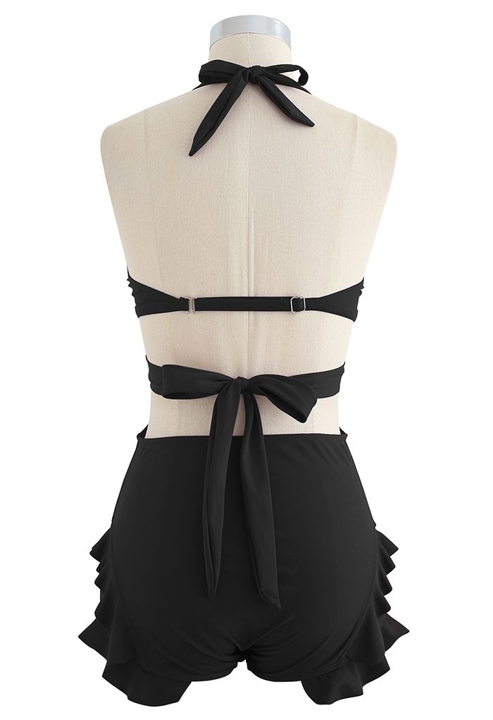 Halter Tied Ruffle Swimsuit with Mesh Kimono in Black