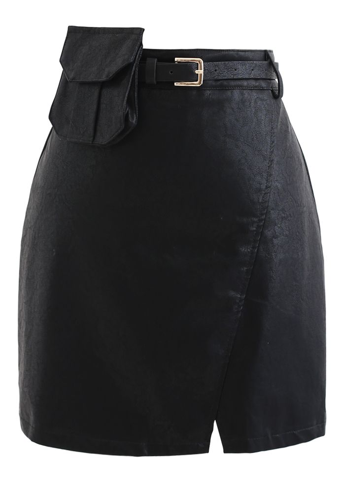 Belted Pocket Faux Leather Mini Bud Skirt in Black - Retro, Indie and ...