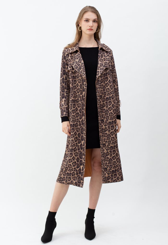 Suede Leopard Belted Split Longline Coat - Retro, Indie and Unique Fashion