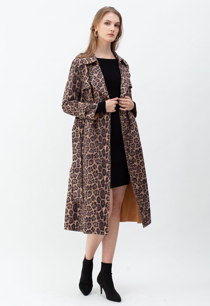 Suede Leopard Belted Split Longline Coat - Retro, Indie and Unique Fashion