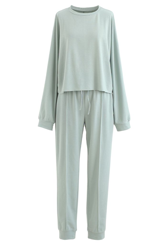 Raw-Cut Hem Sweatshirt and Seamed Pants Set in Mint - Retro, Indie and ...