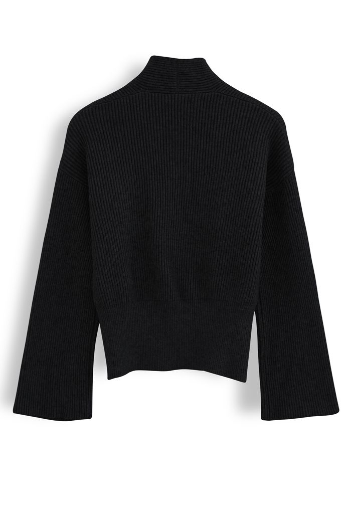 Ribbed Flare Sleeves Wrap Knit Top in Black - Retro, Indie and Unique ...