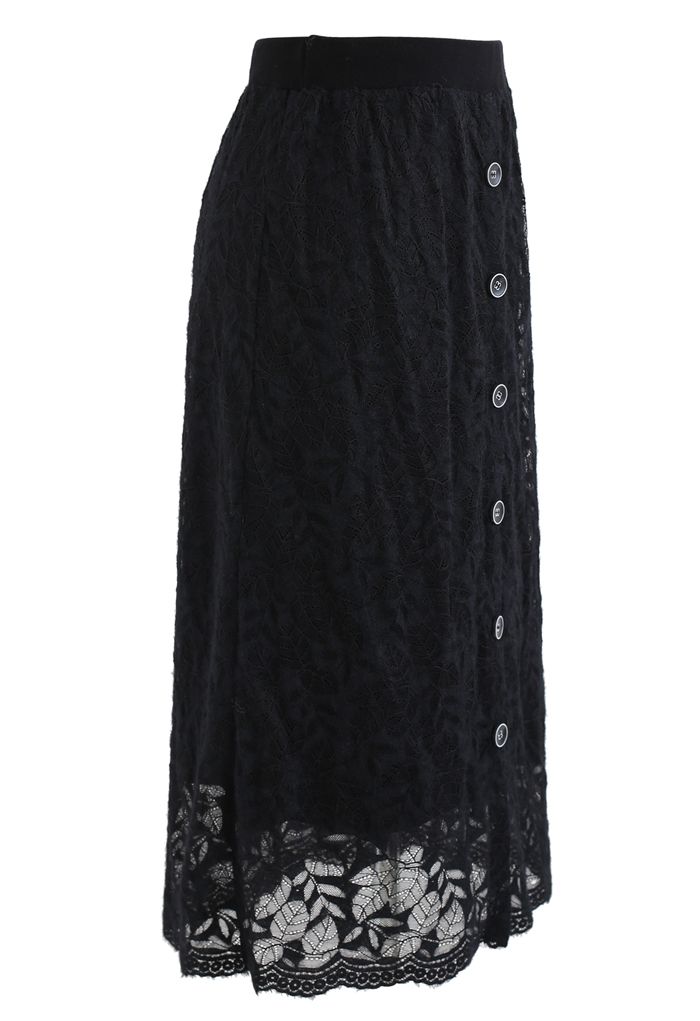 Leaves Pattern Button Lace Knit Midi Skirt in Black - Retro, Indie and ...
