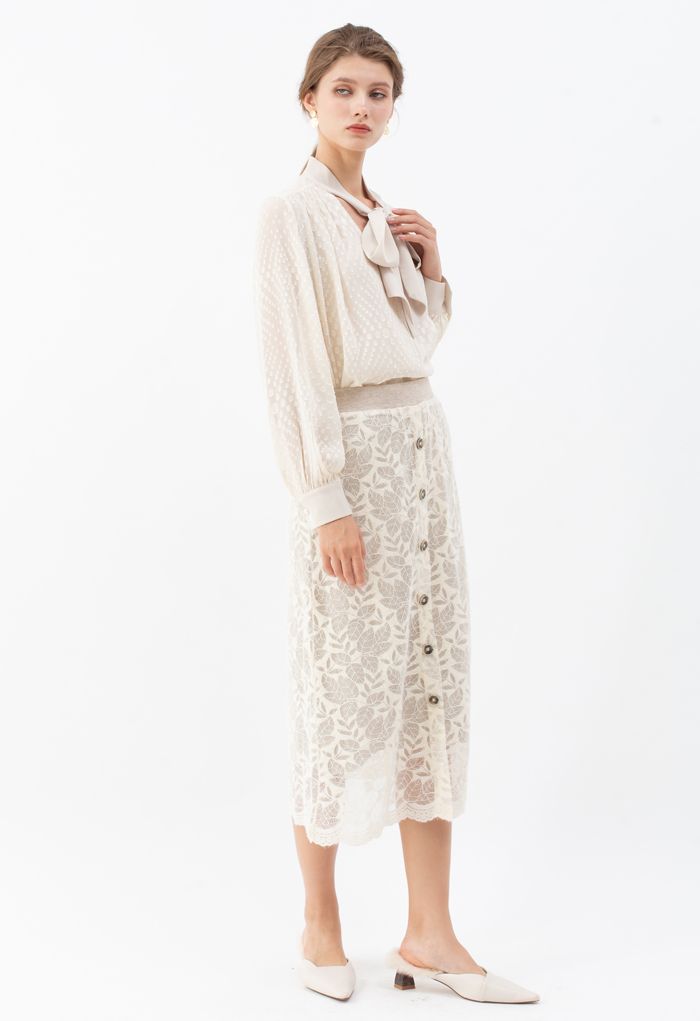 Leaves Pattern Button Lace Knit Midi Skirt in Cream - Retro, Indie and ...
