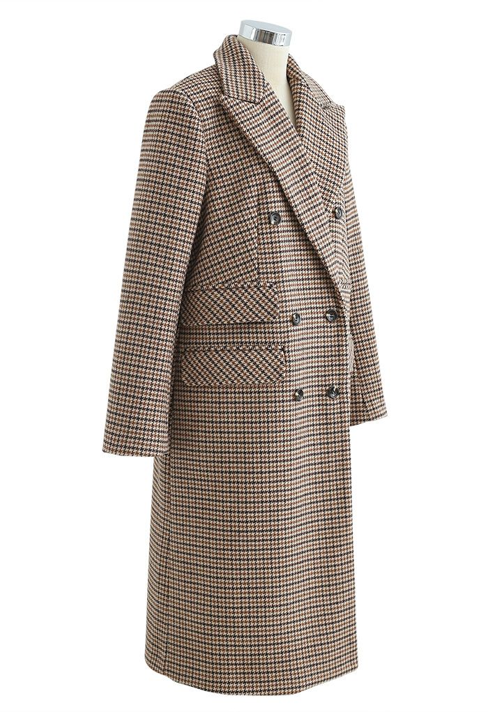 Houndstooth Double-Breasted Wool Blend Longline Coat in Tan - Retro ...