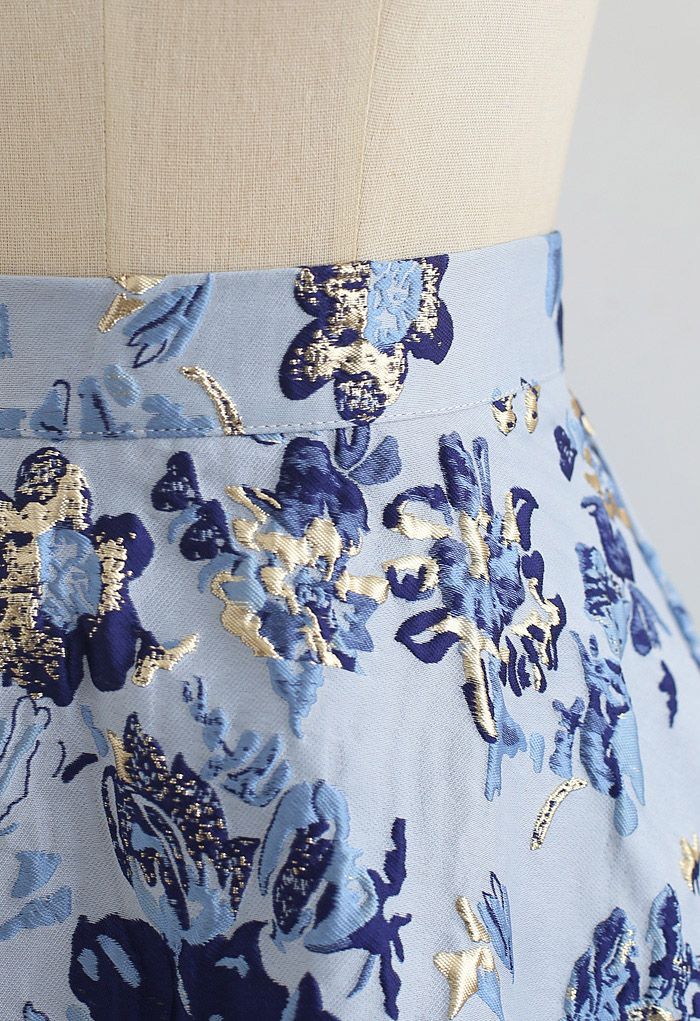 Blue Floral Embossed Jacquard Midi Skirt - Retro, Indie and Unique