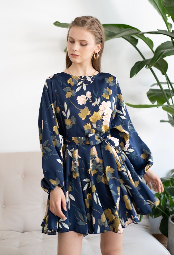 Navy Floral Printed Bubble Sleeves Frilling Dress - Retro, Indie and ...