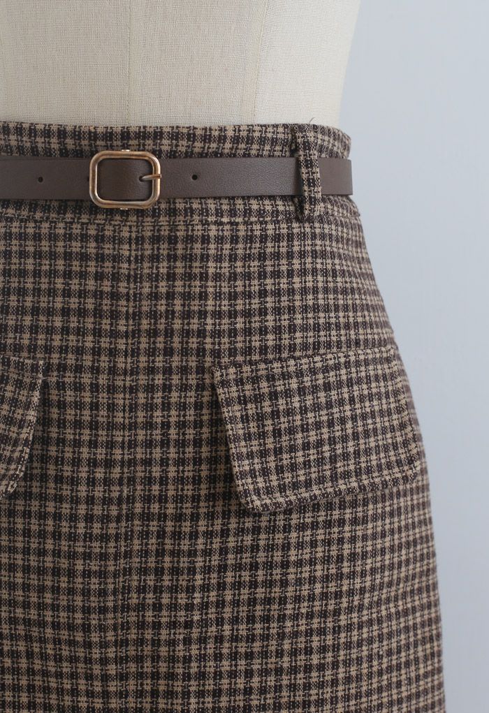 Dual Fake Pocket Belted Plaid Pencil Skirt