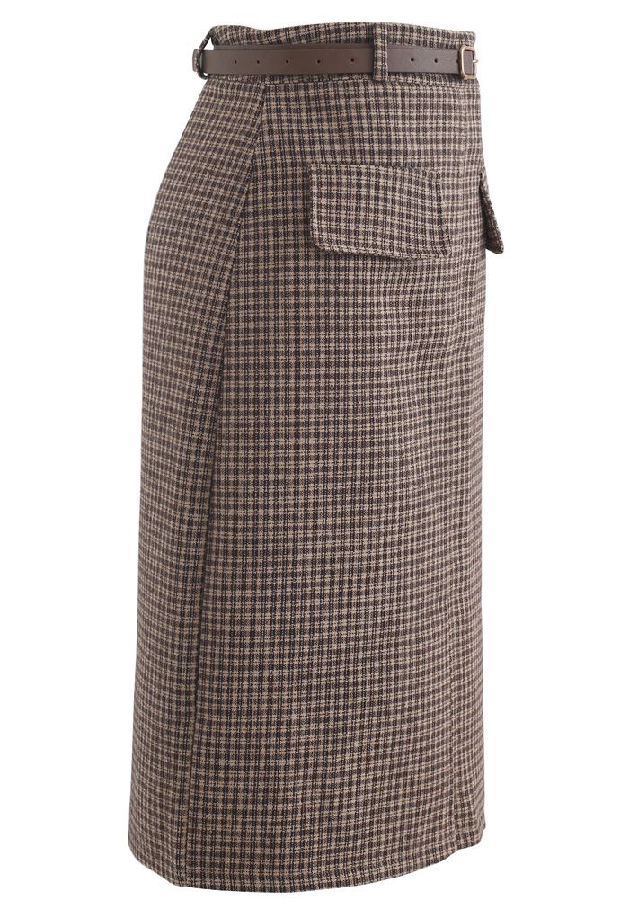 Dual Fake Pocket Belted Plaid Pencil Skirt